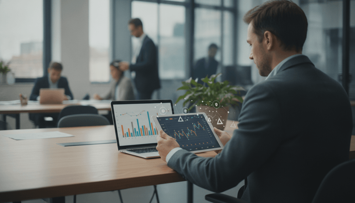 Eine Person betrachtet auf einem Tablet einen Finanzchart mit Kryptowährungssymbolen, während im Hintergrund ein Laptop weitere Daten anzeigt. Die Szene spielt in einem modernen Büro.